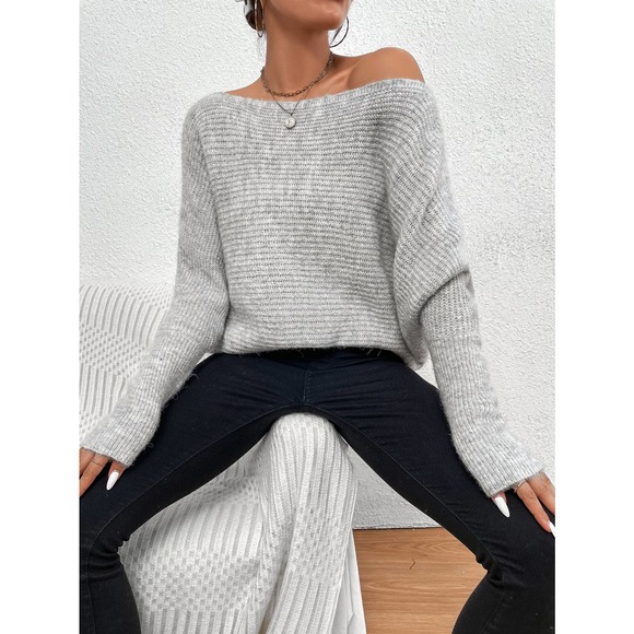 Off the Shoulder Batwing Sleeve ribbed knit soft Sweater gray - Picture 4 of 6